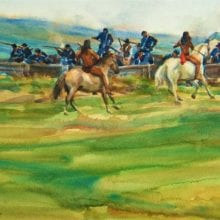 Gerald Fritzler, Wagon Box Fight, watercolor, 9 x 4, $3200