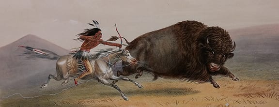 Plate No. 5, Buffalo Hunt Chase, from Catlin’s North American Indian Collection, hand-colored, lithographed plate, dated 1844