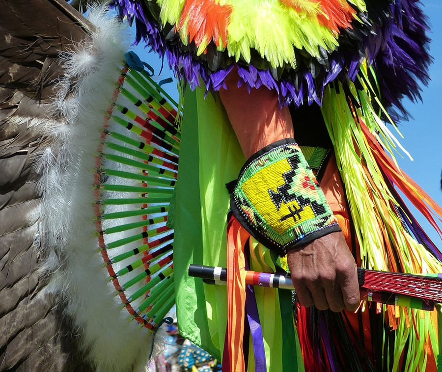 Color photograph of the side of an American Indian Dancer at the Crow Fair