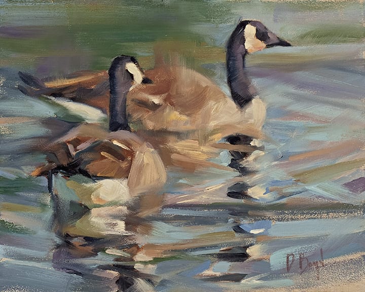 Oil painting by Dennis Boyd of two Canada geese on water