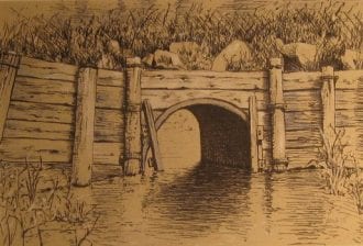 an ink and pastel drawing by Jim Jereb of a bridge with a tunnel underneath for water to flow through