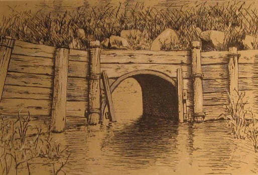 an ink and pastel drawing by Jim Jereb of a bridge with a tunnel underneath for water to flow through