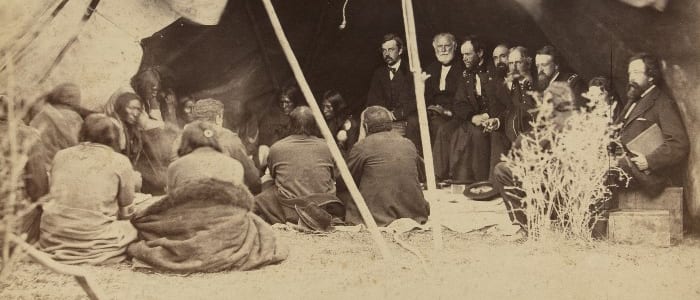 Alexander Gardner photograph of Indian Peace Commissioners in Council with Arapahoes and Cheyennes during the Treaty of Fort Laramie