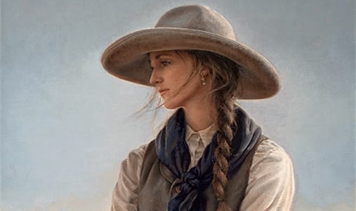 Oil painting of a girl wearing a tan cowboy hat with dirty blond braided hair. This painting will be featured in the Carrie Balantyne retrospective exhibition.