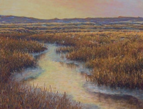 Pastel by Paul Waldum of a prairie creek surrounded by grassland