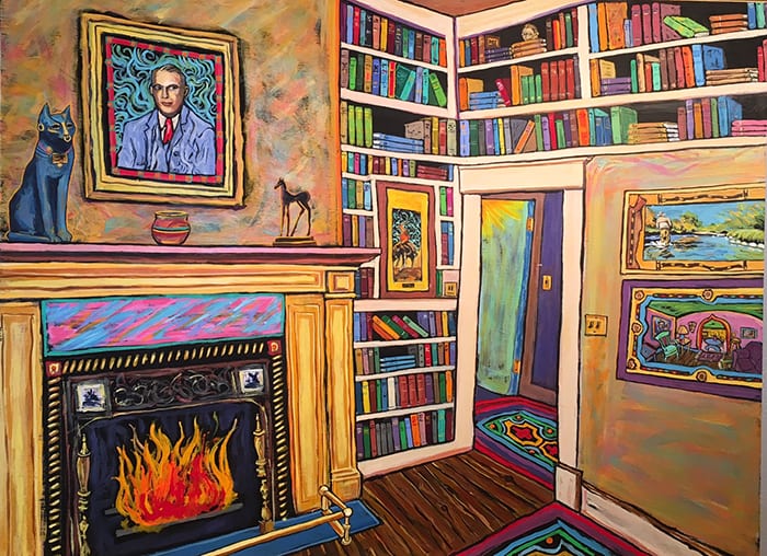 Acrylic painting by David McDougall of a fireplace with a portrait of Bradford Brinton above it