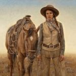 Oil painting by Carrie Bllantyne of a cowgirl in a blue shirt and tan vest standing beside a tan saddled horse