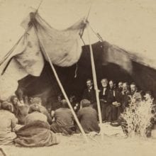Alexander Gardner (1821-1882), Indian Peace Commissioners in Council with Arapahoes and Cheyenne(s), Fort Laramie, 1868, albumen photograph