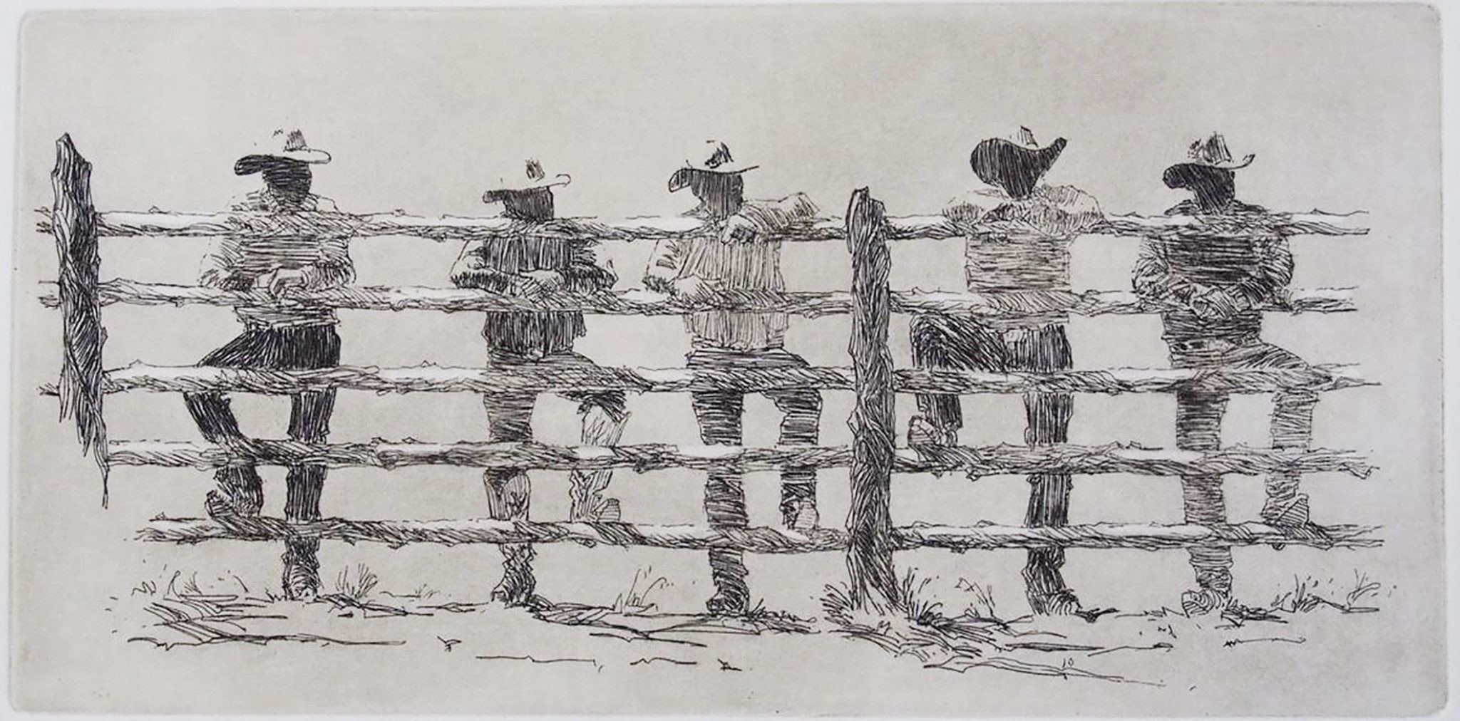 Intaglio print by Joel Ostlind of cowboys standing along a fenceline