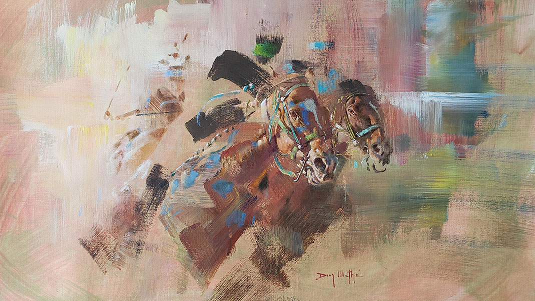 Oil painting of two brown horses with barely visible (abstract) riders