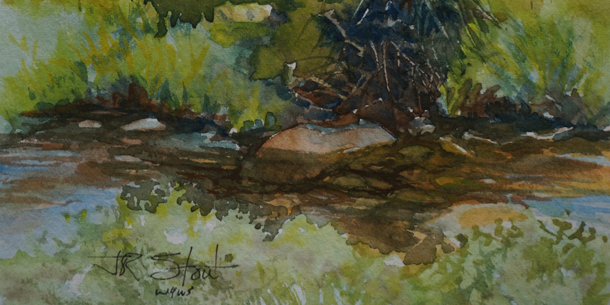 Cropped watercolor by Randy Stout of a rocky stream overshadowed by shrubs on the bank
