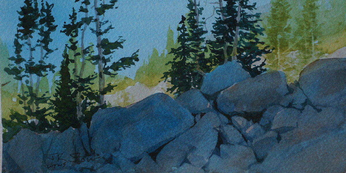 Watercolor by Randy Stout of a rocky slope and pine trees