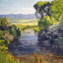 Victor Juhasz, Fence Across the Creek, oil on board, 24 x 12, $1700