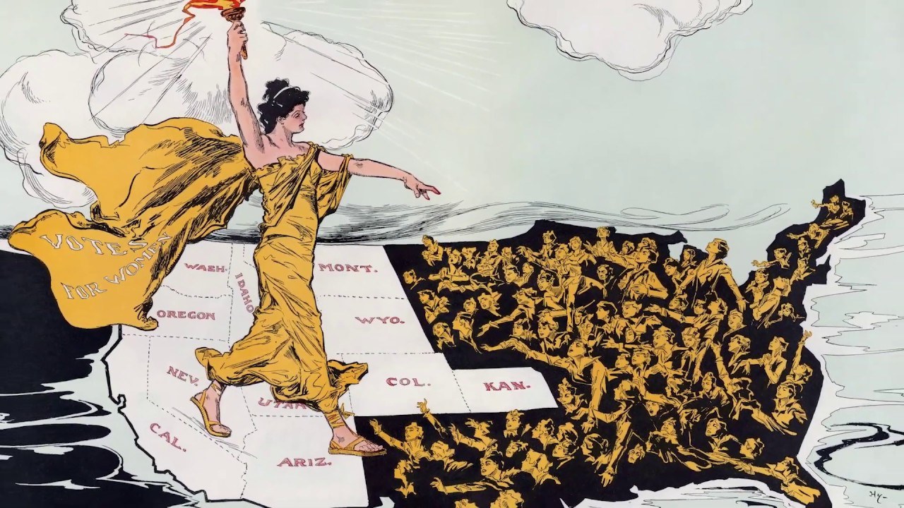 A Woman in a yellow wrap dress carrying a torch over a map of the US with women reaching toward her
