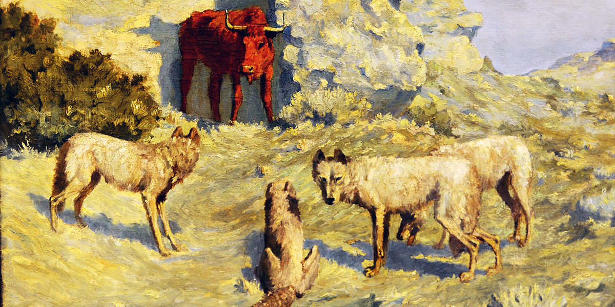 Clayton Sumner Price painting of 3 wolves in front of a rusty colored steer