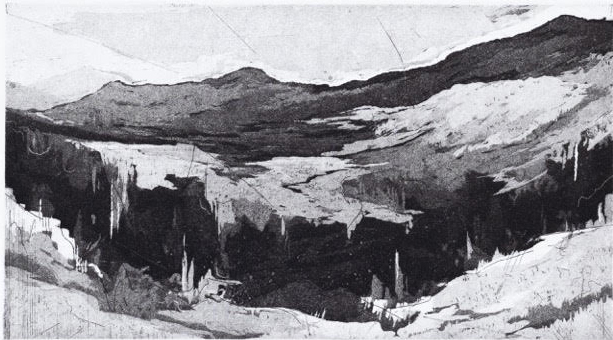 Black and white print of a mountain scene