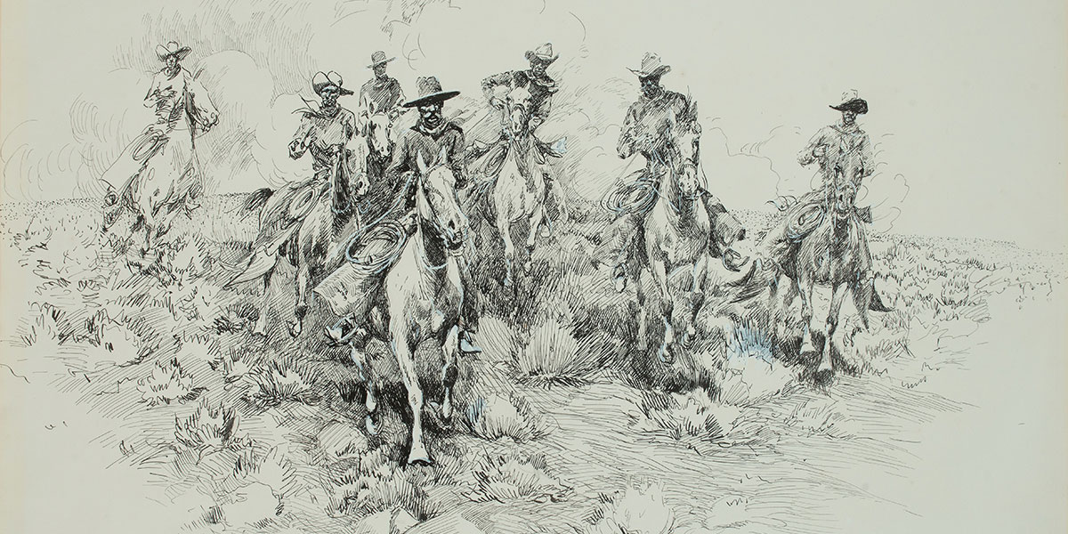 Edward Borein pen and ink drawing of cowboys riding horses