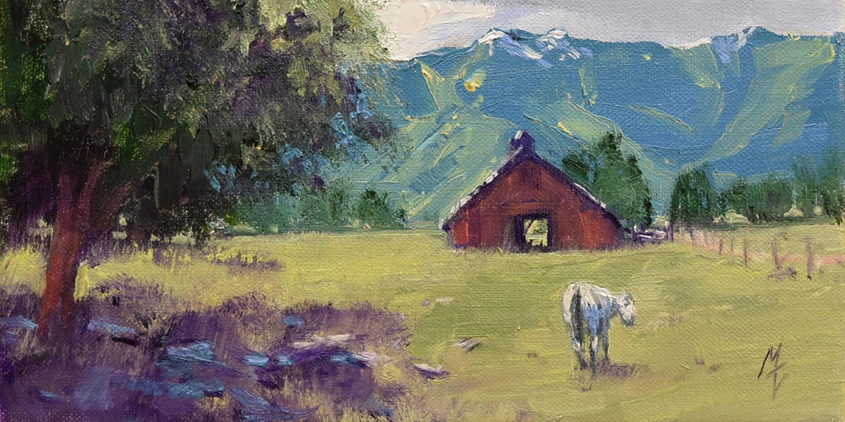 Oil painting of a red barn with mountains in the background and a tree in the foreground