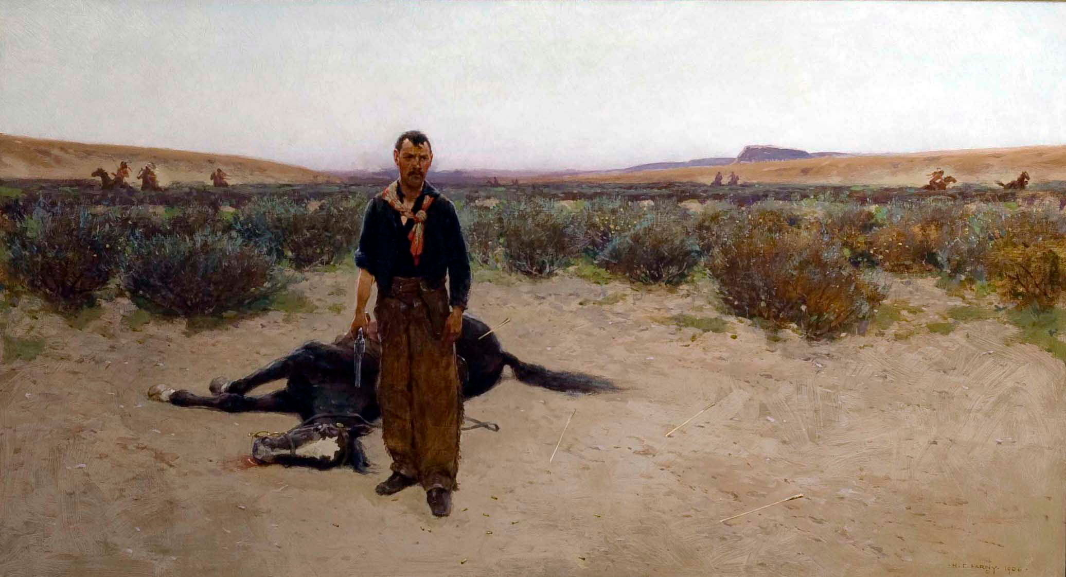Painting of a man with a pistol standing in front of a dead horse