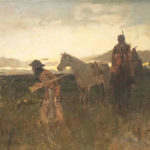 Oil painting of American Indians on horseback looking toward a train in the distance