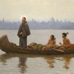 Oil painting of a robed priest standing in a canoe with two Native Americans