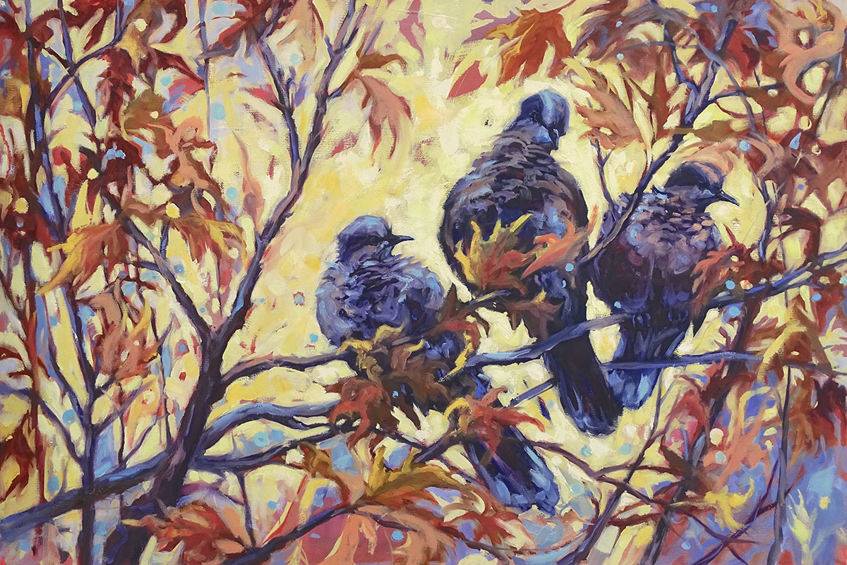 Painting of 3 birds on a tree branch