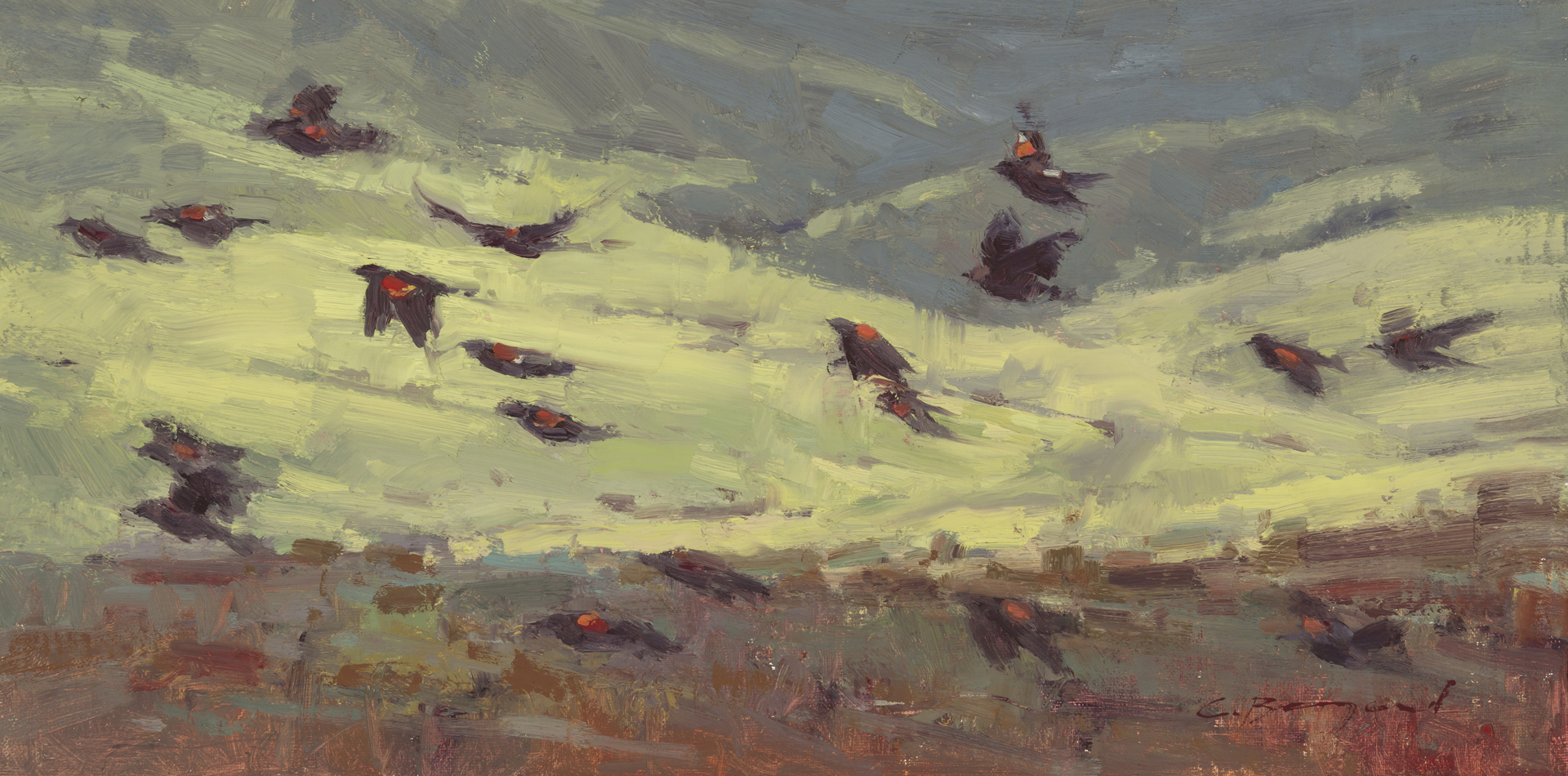 Painting of red-winged blackbirds