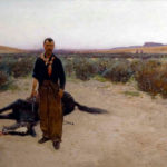 painting of a western dressed man with a gun standing in front of a horse laying on the ground