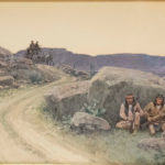 painting of Indians hiding behind a boulder with a wagon coming toward them