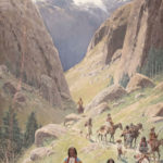 Henry Farny painting of Native Americans on horseback and walking along a canyon trail