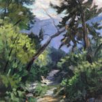 Oil painting of trees hanging over a creek