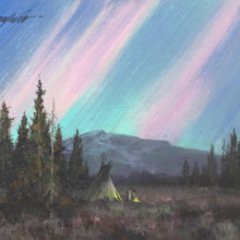 E. Denney NeVille, Fire Light and Northern Lights, oil, 8 x10, $900
