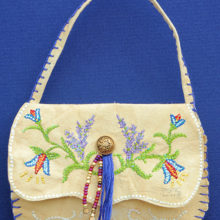 Jackie Sevier, Miniature Scalloped Bag, paper, acrylic, brass button, glass beads, and cotton, 5 x 3.25, $685