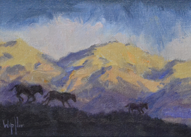 Landscape oil painting of mountains and horses