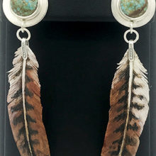Olive Parker, Hawk Feather Earrings, rare #8 Nevada Turquoise set in fine silver with Red Tail Hawk leather feathers, 3.25 x 0.75, $585 - SOLD