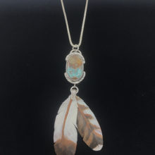 Olive Parker, Tonopah Pendant, carved leather eagle and hawk feathers, Royston turquoise in silver bezel, 3 x 1.25, 20 inch chain, $780 - SOLD