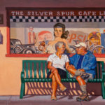 Oil painting of an older couple in front of a restaraunt window
