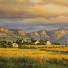Claudia Post, View of the Bighorn Mountains from the Boyle's Farmhouse at Sunset, oil, 14 x 20, $1600