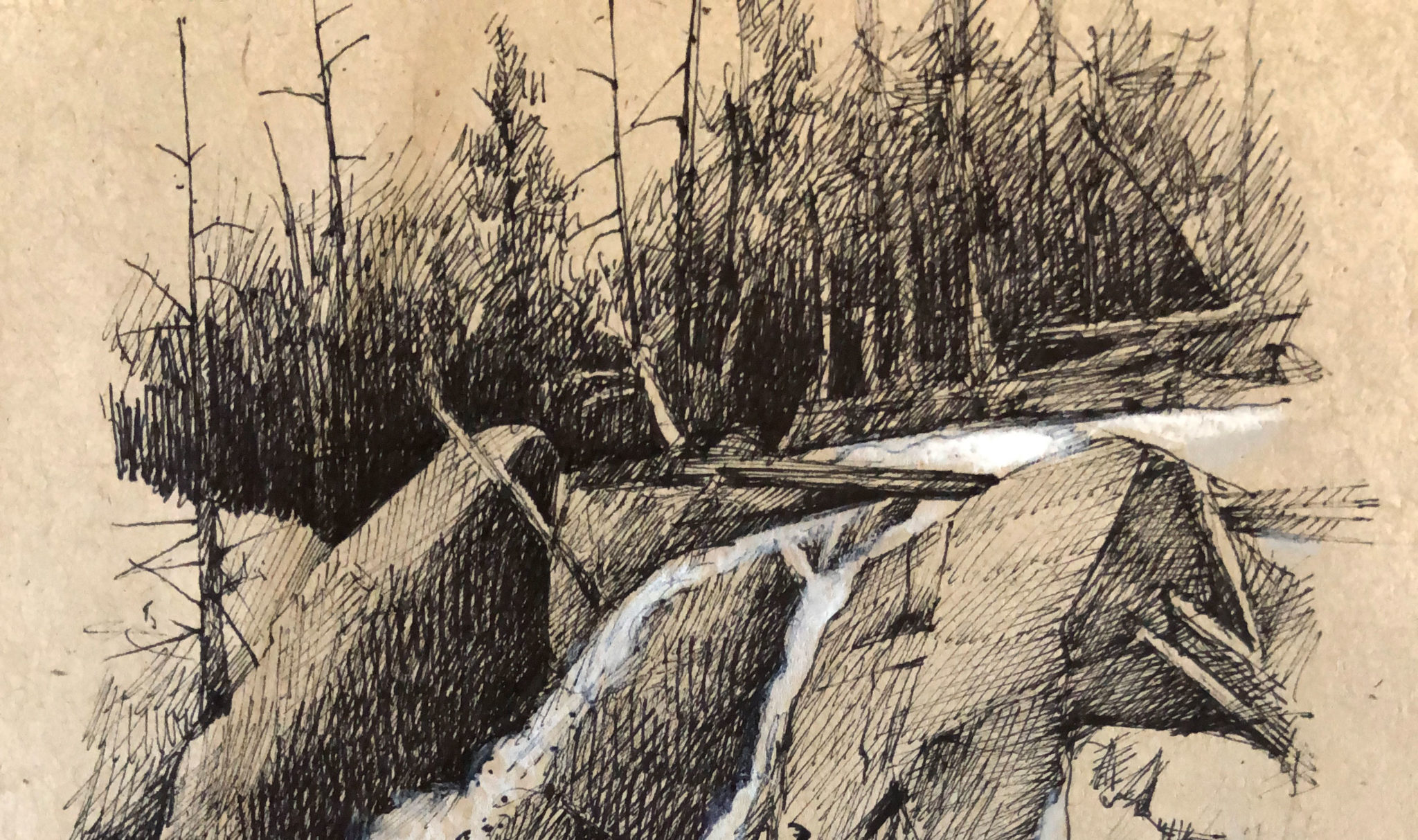 Drawing of a small, rocky creek waterfall
