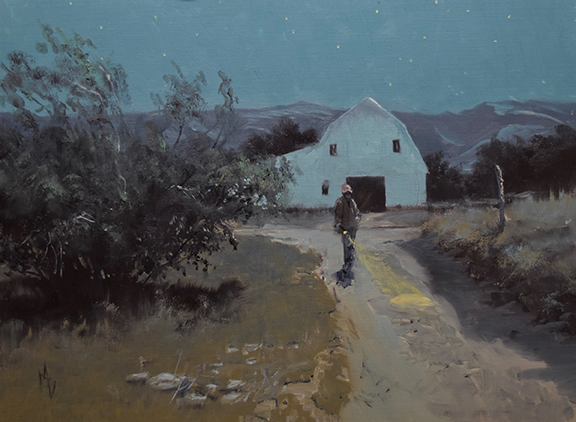 Oil painting of a man walking in front of a white barn