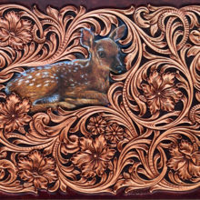 Jim Jackson, Fawn's Nest, hand tooled leather panel with oil painting, 8 x 10, $2000 - SOLD