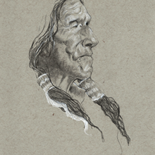 Joseph Booth, An Uncertain Fate, 5.75 x 8.5, charcoal & white pastel on grey toned paper, $400