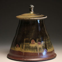 Rod Dugal, Apothecary Jar with Goose Egg Formation Glaze, soda-fired stoneware, 8 x 7.5 x 7.5, $95