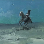 Oil painting of a man on a bucking horse