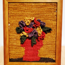 Shelly Jelly, Poppies (still life flowers and vase), tapestry and pin loom waeving, wool, floral wire, wood picture frame