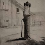 Black and white print of the old gas pump on The Brinton grounds