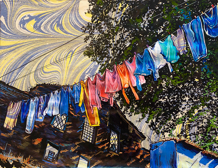 Drawing of clothesline - acrylic ink on marbled paper