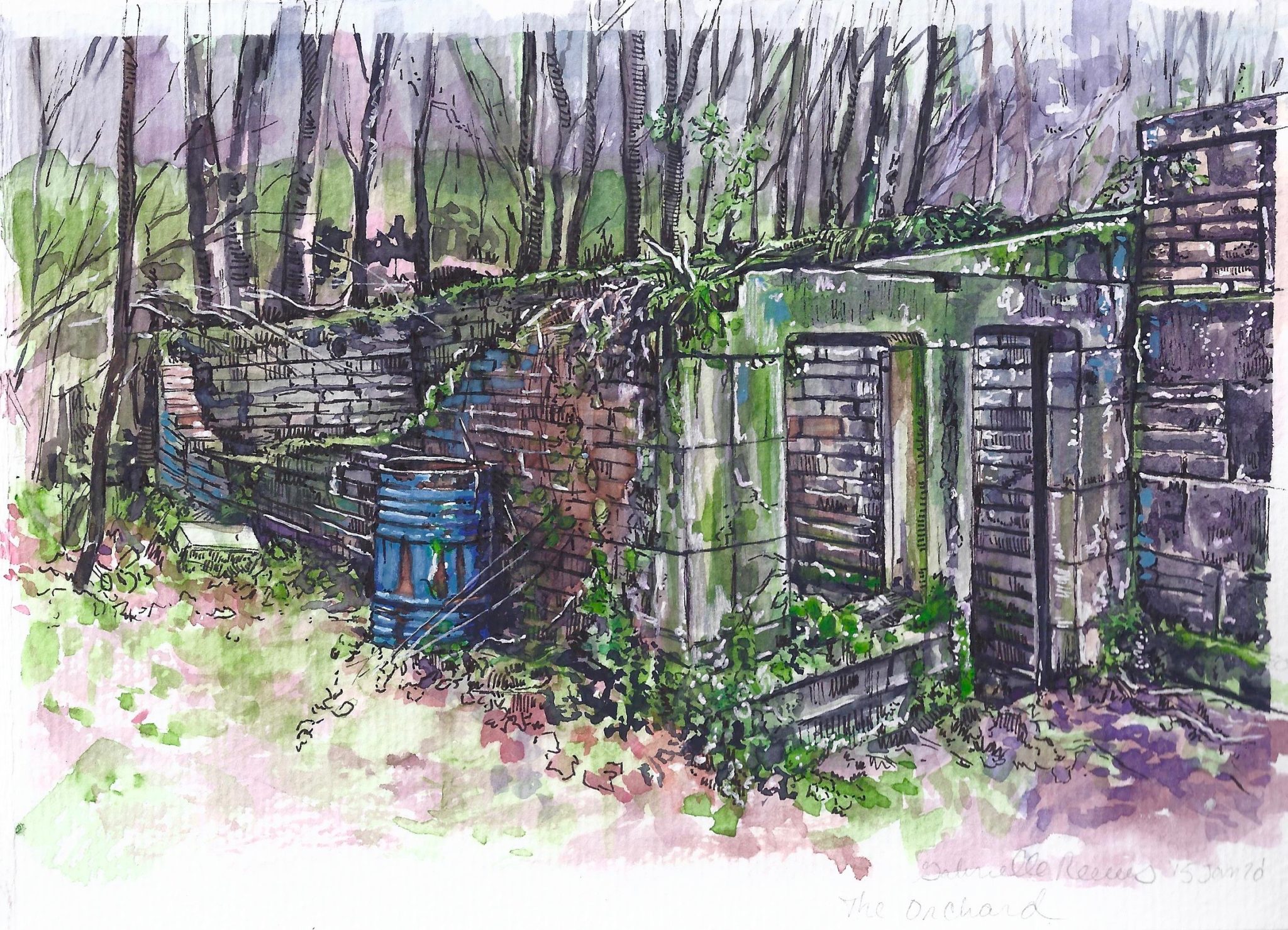Watercolor of a brick wall in a forest