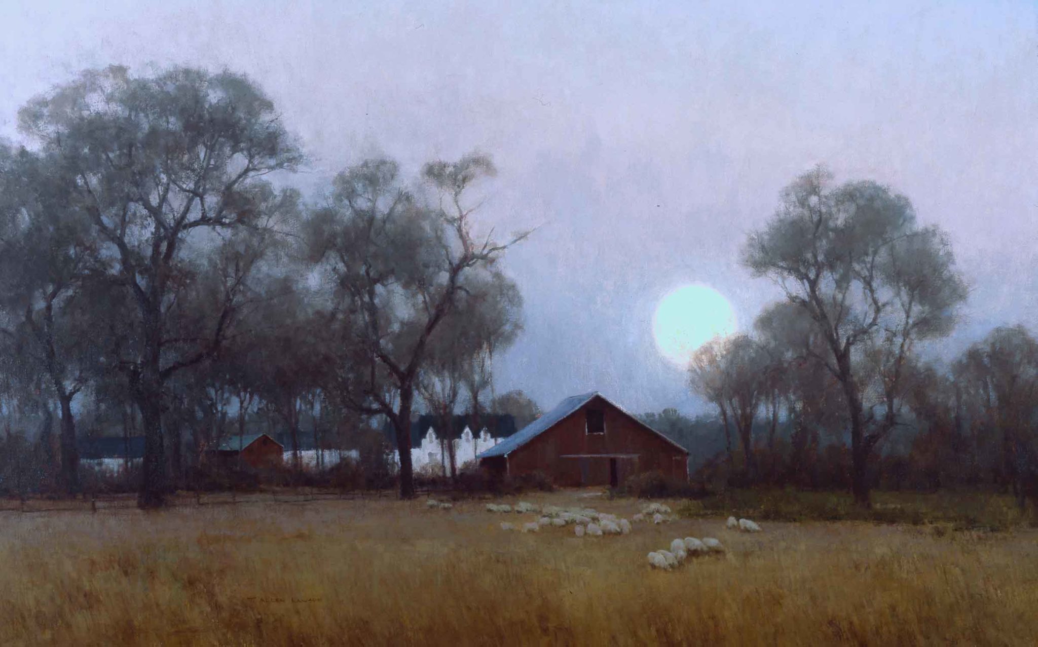 Oil painting of a red barn under a full moon