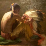 Oil painting of American Indian looking at a head dress 